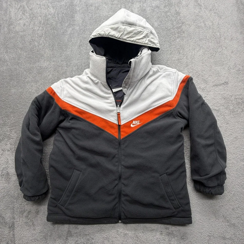 Nike Jacket Youth 10-12‎ Gray Orange Reversible Hooded Fleece Lined Puffer